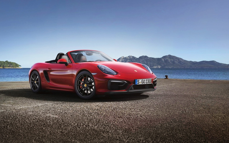 water, vehicle, wheel, transportation, land vehicle, no people, mountain, red, sunlight, coupe, Porsche Boxster GTS, nature, clear sky, sea, Porsche, land