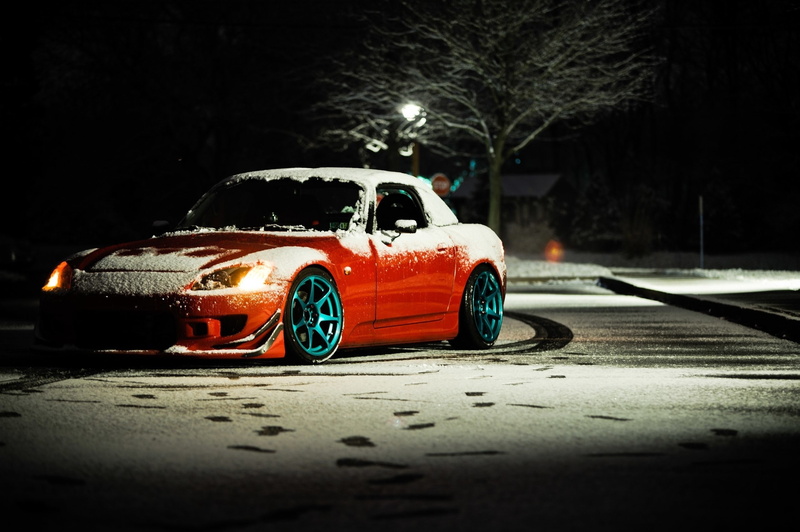 motor vehicle, road, no people, illuminated, night, Stance, transportation, Honda, snow, land vehicle, tree, cold temperature, car, on the move, s2000