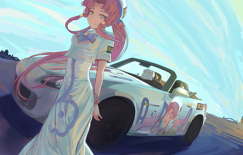 anime girls, car, redhead, anime, honda s2000, women with cars, 1080P, long hair, green eyes