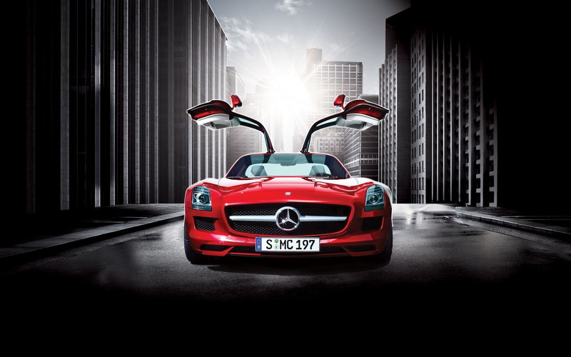 motor vehicle, car, illuminated, indoors, sports car, Mercedes-Benz SLS AMG, mode of transportation, street, black background, sports race, competition