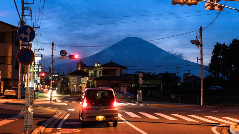 vehicle, Mount Fuji, street, Tokyo, city, traffic signs, Japan, crosswalk, traffic lights, urban, sunrise, 1080P, city lights, Tailights, car
