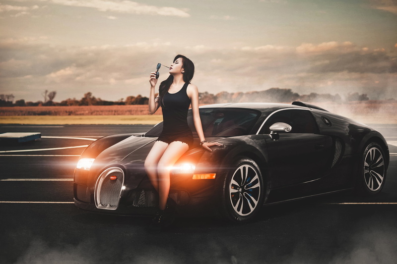 girl, headlights, adult, land vehicle, Mike, retro styled, brunette, glasses, looking, travel, 1080P, motor vehicle, Asian, cloud - sky, young women, one person