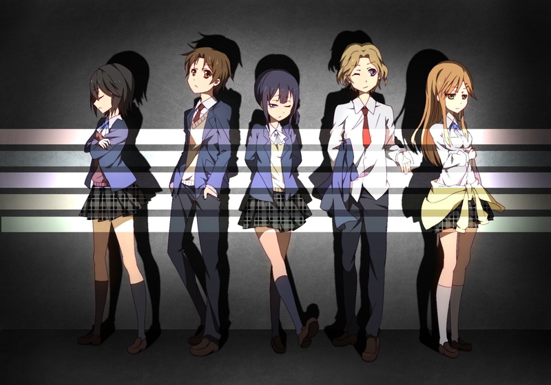 standing, portrait, people, teenager, Inaba Himeko, childhood, uniform, Aoki Yoshifumi, women, clothing, in a row, full length, girls, Kokoro Connect, indoors