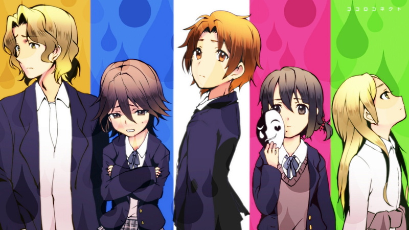 indoors, Kokoro Connect, multi colored, Nagase Iori, young adult, Yaegashi Taichi, front view, portrait, art and craft, Inaba Himeko, men, adult, Kiriyama Yui 