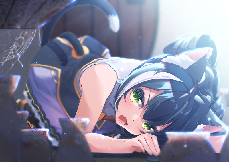 dress, open mouth, multi-colored hair, karyl, blush, cat girl, 720P, green eyes