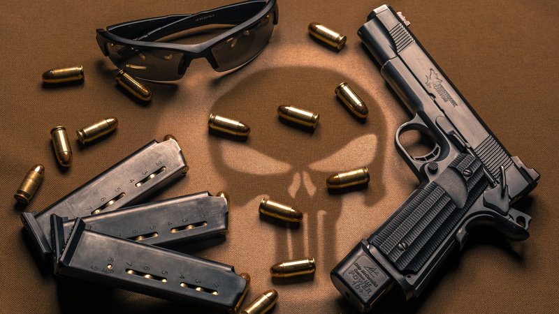 no people, indoors, M1911, gun, 1080P, custom, metal, weapons, table, choice, equipment, variation, silver colored, protection, directly above, Glasses