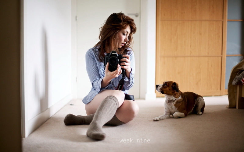 one person, pet owner, pets, one animal, beautiful woman, technology, canine, brunette, mammal, sitting, 1080P, flooring, hairstyle, dog, full length