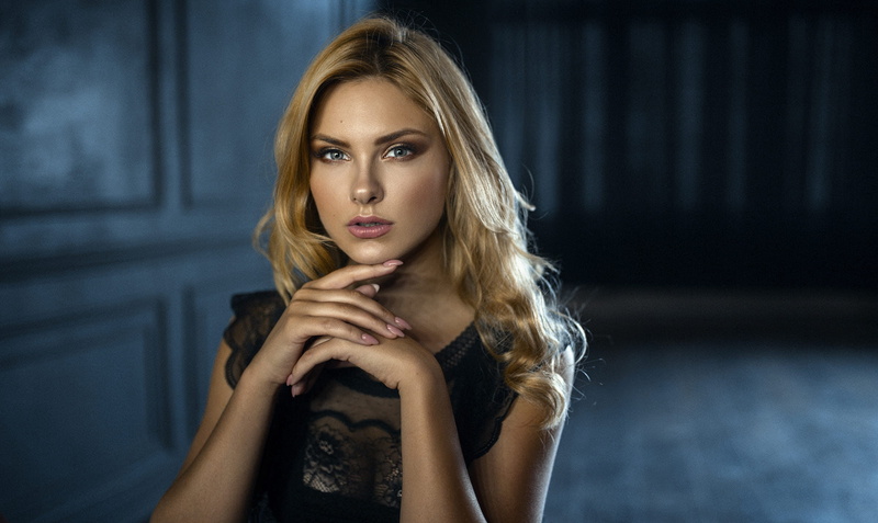 adult, looking at camera, see-through clothing, fashion, blond hair, young adult, young women, 1080P, dress, beauty, blue eyes, tanned, hair, black clothing