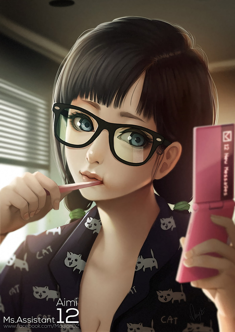 young women, beauty, adult, bangs, glasses, looking at camera, one person, front view, beautiful woman, 1080P, eyewear, anime girls, phone, fashion, blue eyes