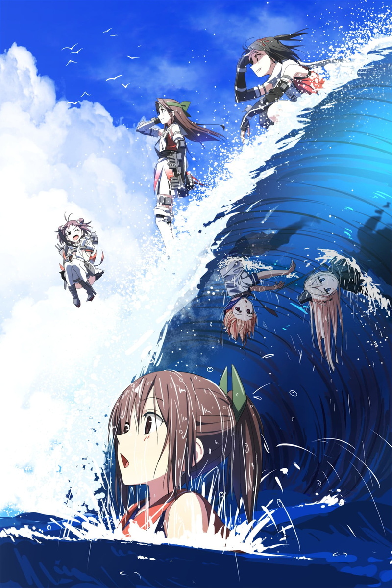anime girls, I-401 (KanColle), men, birds, U-511 (KanColle), sport, swimming, cloud - sky, clouds, Sendai (KanColle), Naka (KanColle), Kantai Collection