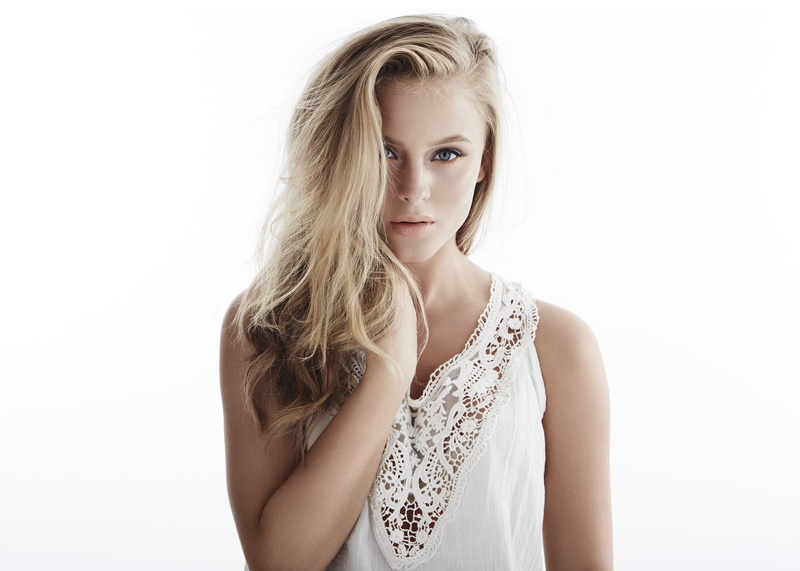 dress, bare shoulders, looking at camera, hair in face, photo, girl, white background, Zara Larsson, blonde, simple background, looking at viewer, white dress