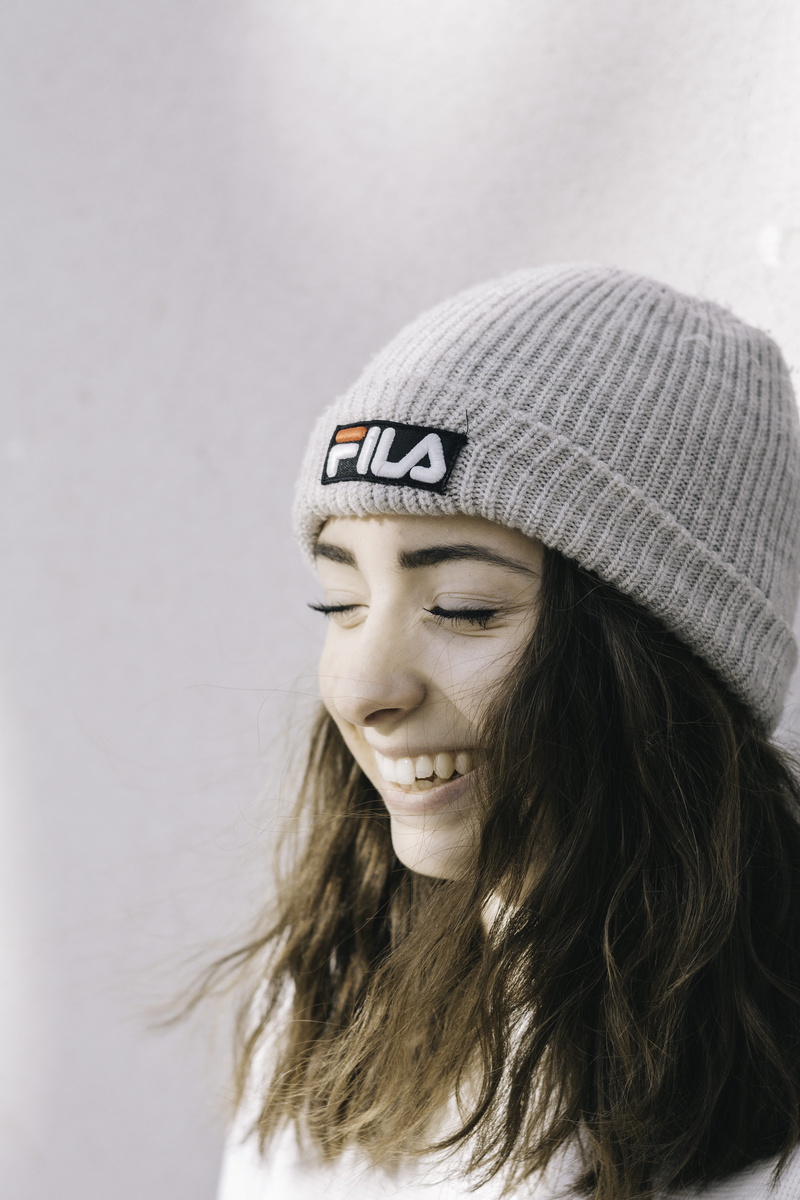 cap, young adult, white, fila, headshot, beautiful woman, winter, women, clothing, d, long hair, lifestyles, zara, smiling, knit, young women, wearing