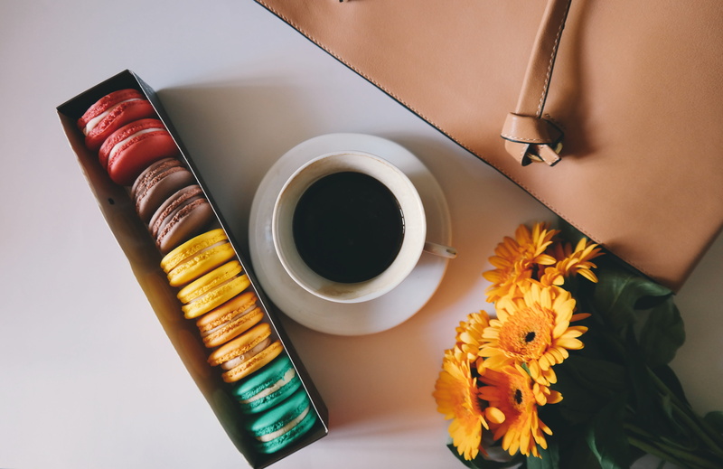 sweets, flower head, food and drink, drinks, zara, pastry, tray, coffee, indoors, bag, refreshment, high angle view, purse, colorful, plant, cup, background