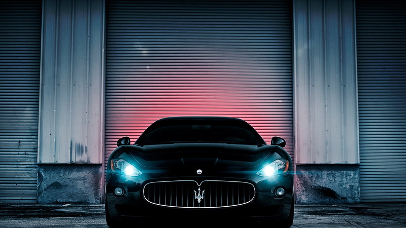 garage, city, shutter, transportation, retro styled, black cars, front view, car, lighting equipment, headlight, street, Maserati GranTurismo, motor vehicle