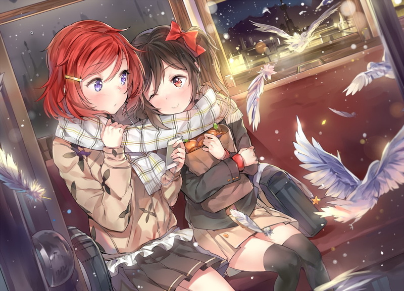 anime girls, Yazawa Nico, feathers, snow flakes, birds, Love Live!, snow, Nishikino Maki, 720P, anime