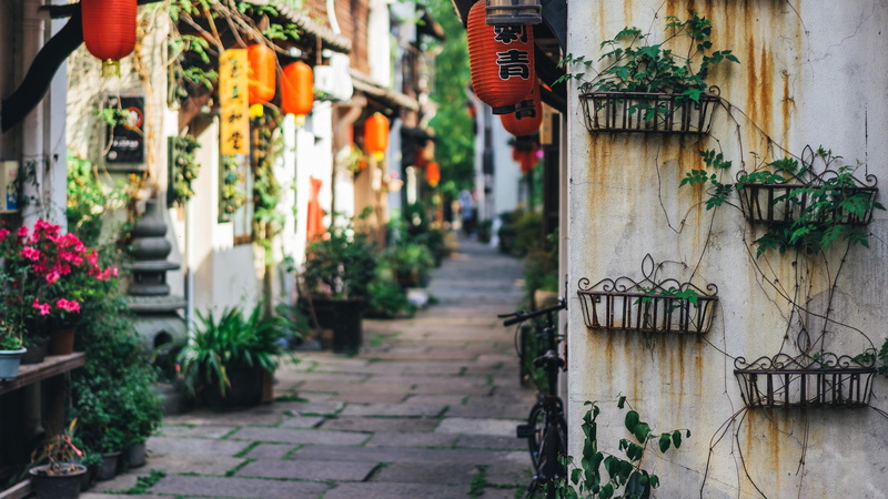 zhejiang, china, 4K, hangzhou, xiaohe, street view, asia, xiaohe street, houses, street, lanterns