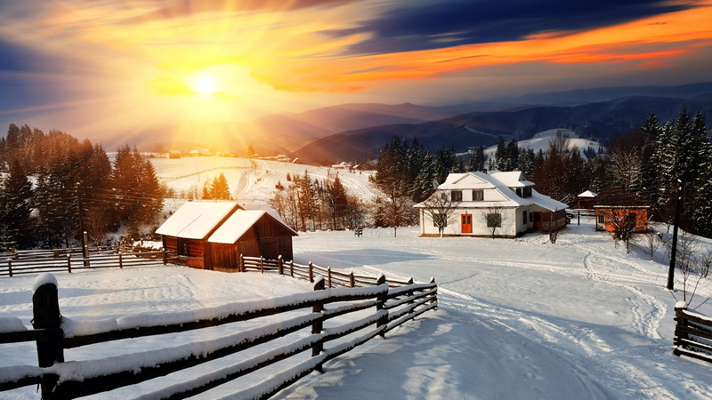 5K, snow, dawn, mountain, fence, 5k, 5k uhd, sunrise, winter, sky, village, home, light, mountain range, mountain village
