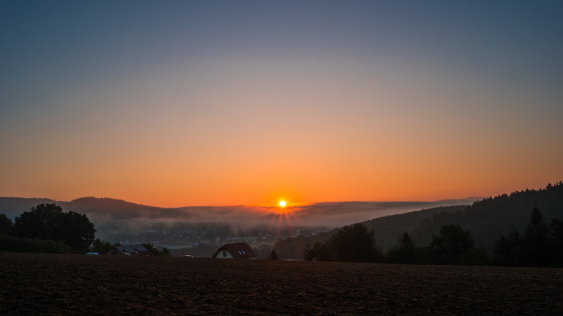red sky at morning, lens flare, landscape, morning, horizon, mountain, non-urban scene, scenics - nature, field, sun, tranquility, beauty in nature, sunset