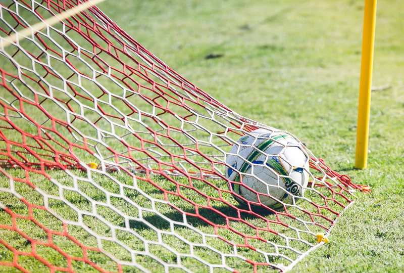 2K, focus on foreground, day, soccer field, outdoor play equipment, pattern, sports equipment, goal, flag, sport, plant, team sport, close-up, high angle view