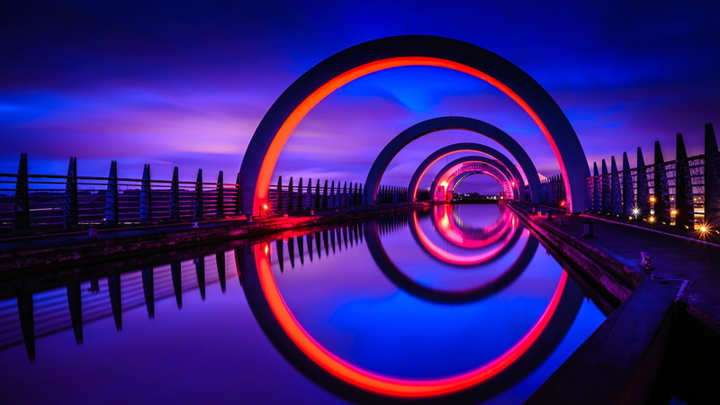 night, reflection, architecture, 720P, Falkirk Wheel, UK, Scotland