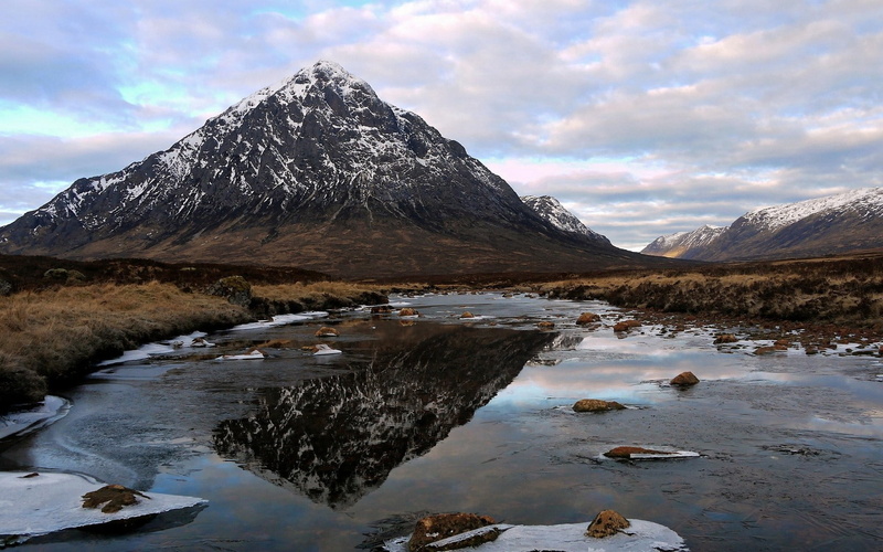 Scotland, rock - object, scenics - nature, winter, mountain range, no people, outdoors, non-urban scene, water, cloud - sky, snowcapped mountain, beauty in nature