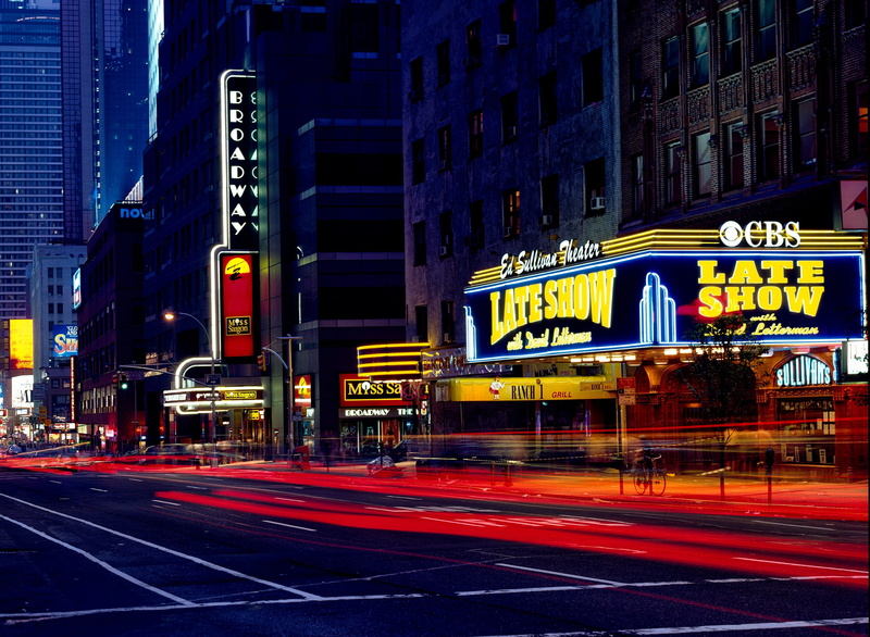 buildings, skyscraper, building exterior, theater, New York City, building, road, Manhattan, communication, hdr, evening, transportation, downtown, cityscape