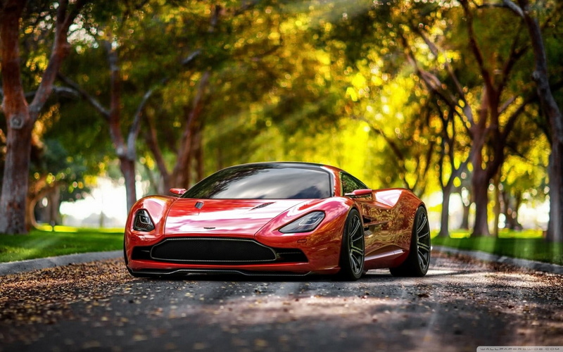 outdoors, road, land vehicle, selective focus, red cars, plant, sports, toy car, mode of transportation, sunlight, vehicle, Aston Martin, tree, transportation