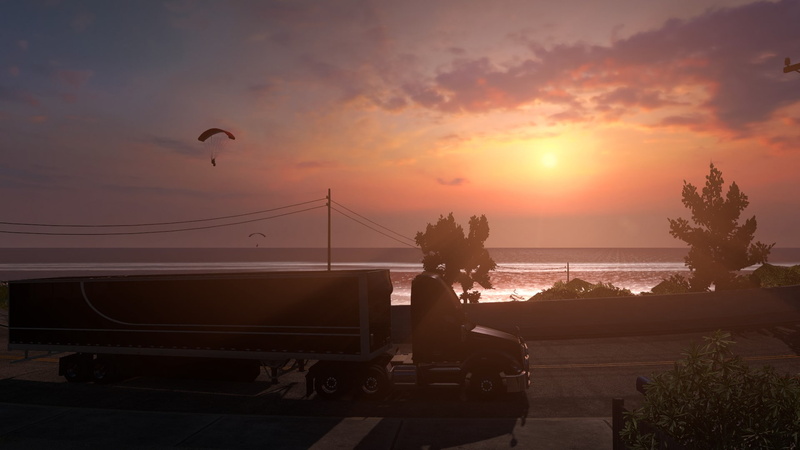 sunset, side view, 1080P, trees, sea, clouds, American Truck Simulator, parachutes