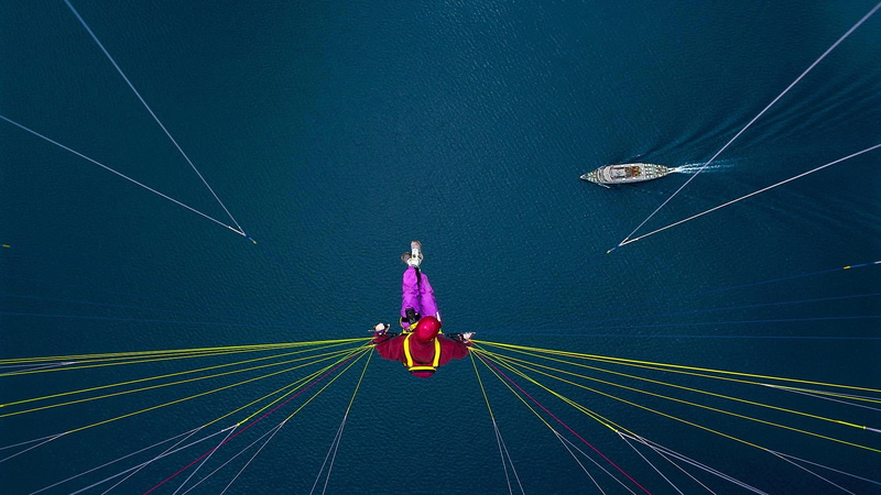 ship, aerial view, paragliding, water, Switzerland, ropes, 1080P, parachutes, lake, men