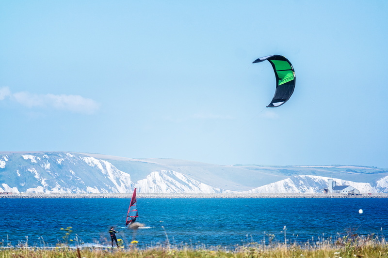 Portland Harbour, Weymouth, near, outdoors, mountains, water skis, sport, windsurfer, Chesil Beach, sea, 5K, Creative Commons, action, holding, men, riding