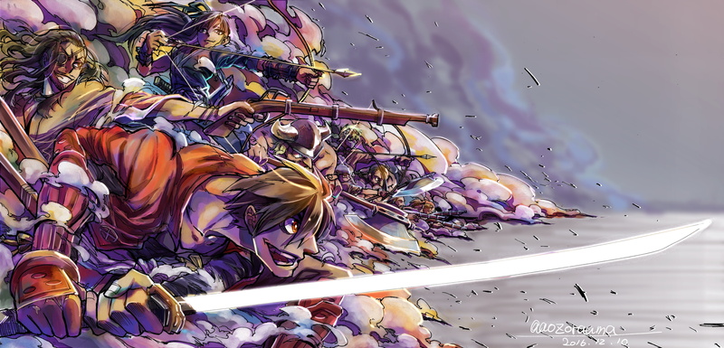 5K, high angle view, festival, large group of objects, Anime, water, nature, no people, nasu suketaka yoichi, flower, drifters, reflection, purple, oda nobunaga