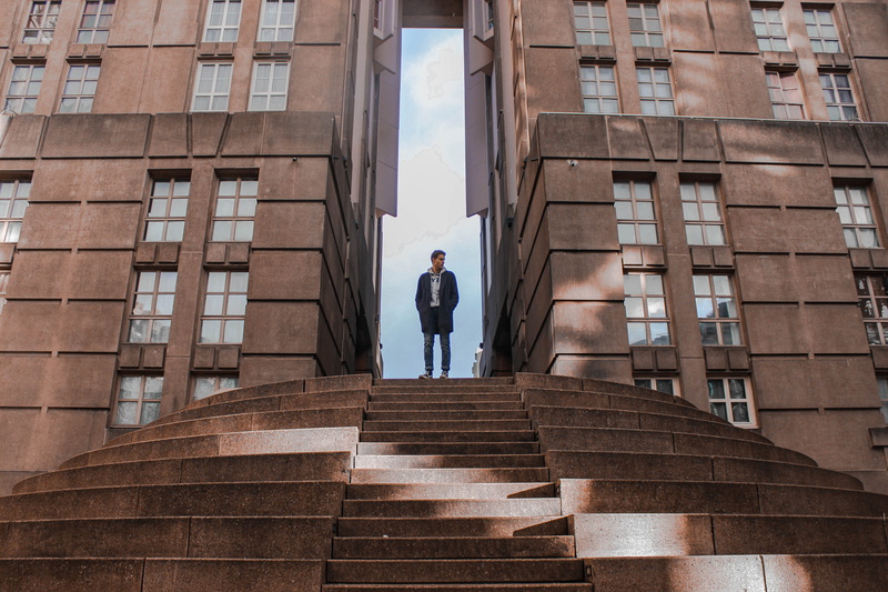 minimalism, 5K, staircase, males, railing, hallway, men, built structure, urban, travel, lifestyles, handrail, person, building exterior, low angle view