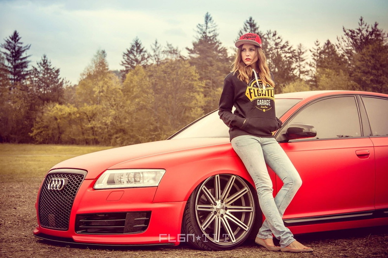 women with cars, Audi A6, red cars, looking away, baseball caps, 1080P