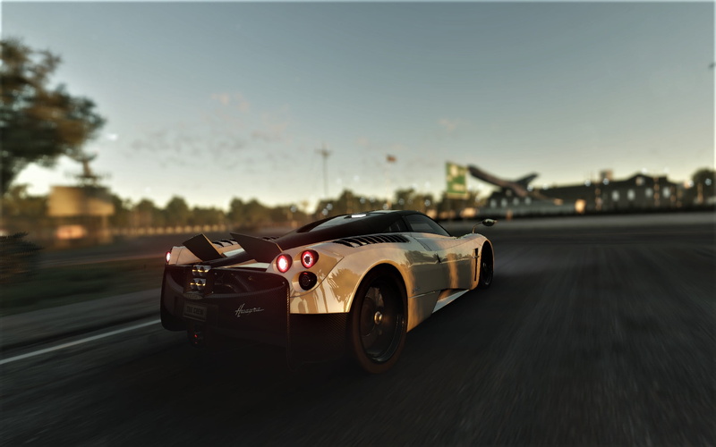 outdoors, focus on foreground, no people, motion, Pagani Huayra, mustang, car, yellow, close-up, street, black, land vehicle, motor vehicle, toy, speed