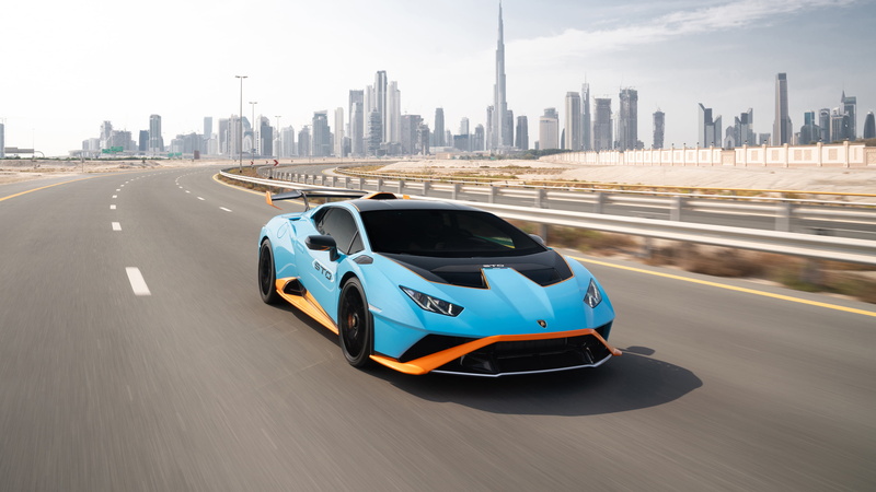 4K, road, Super Car, Lamborghini Huracan STO, blue cars, car, motion blur, Lamborghini Huracan, United Arab Emirates, vehicle, Italian Supercars, Dubai