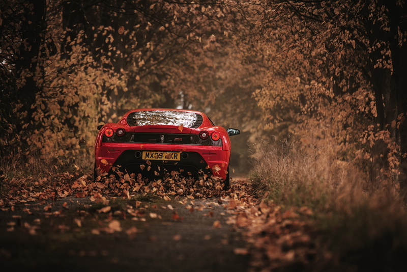 scuderia, red, rear view, 2K, racing, ferrari, autumn