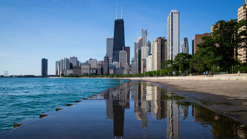 cityscape, chicago, skyscraper, tower block, lake michigan, skyline, shore, lake, 4K, mirroring, water, usa, sky, ilinois, blue sky, united states, reflection