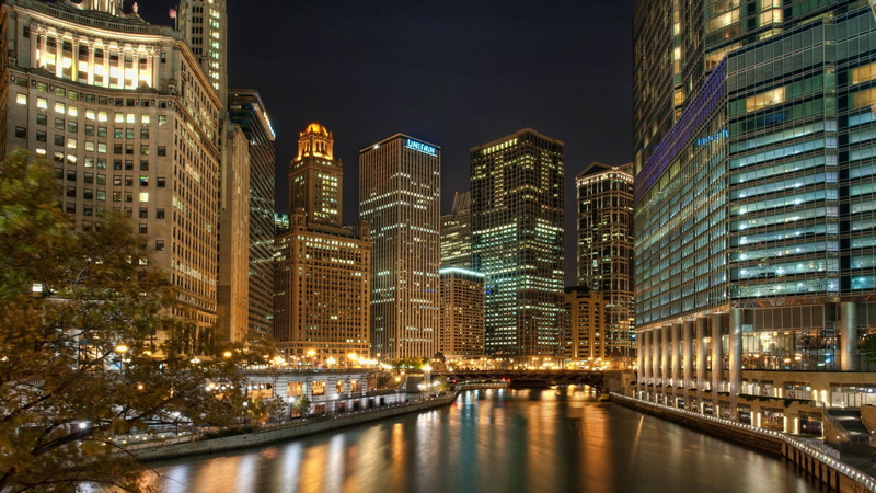 chicago, river, tower block, residential district, built structure, metropolis, illuminated, water, modern, reflection, waterway, illinois, city, united states