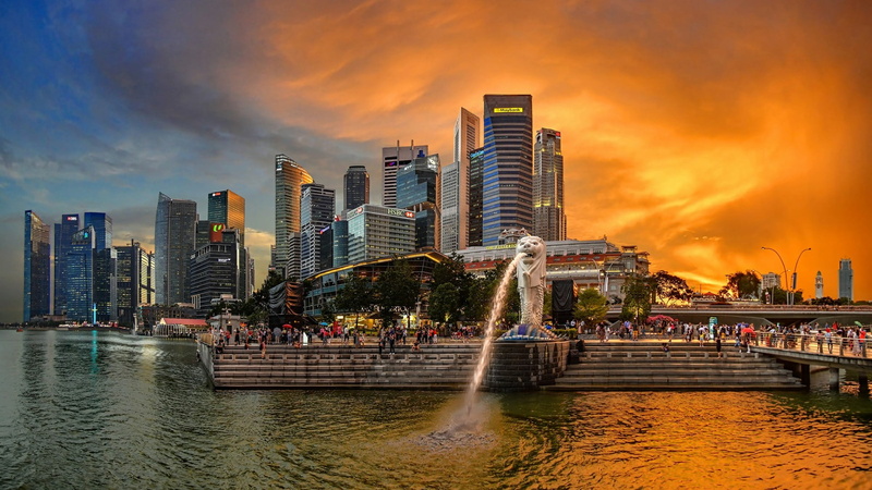 water, built structure, tall - high, waterfront, sky, asia, dusk, outdoors, building exterior, merlion park, tower block, merlion, landscape, metropolis
