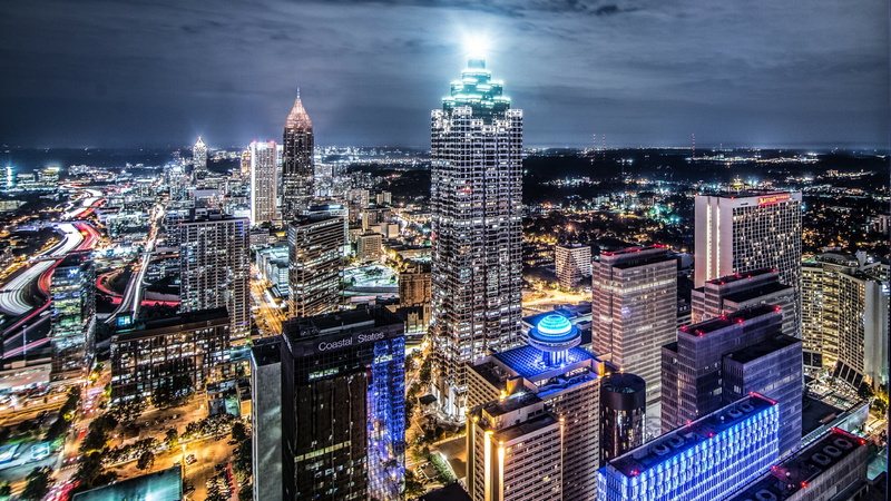 tall - high, city lights, atlanta, crowded, spire, metropolis, light, skyline, illuminated, 1080P, tower, modern, building exterior, downtown, tower block