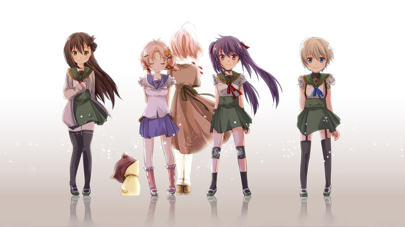 people, anime, offspring, child, costume, Gakkou Gurashi!, group of people, indoors, portrait, females, emotion, standing, white background, studio shot