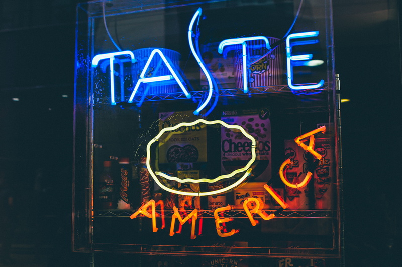 western script, food and drink, communication, turned, night, urban, neon, black background, america, neon light, 4K, store, neon colored, evening, street
