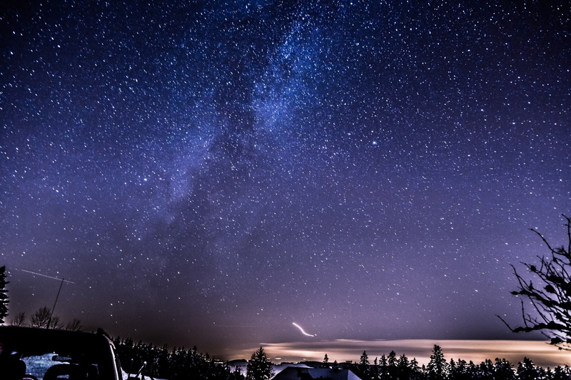 outdoors, snow, romantic, conifers, nebula, star, lights, light drawing, atmosphere, city, evening, low angle view, snow landscape, blue, star - Space