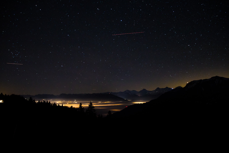 sky, mountain range, universe, star - Space, silhouette, untitled, gurnigel, 5K, nature, switzerland, night, beauty in nature, star field, tranquil scene