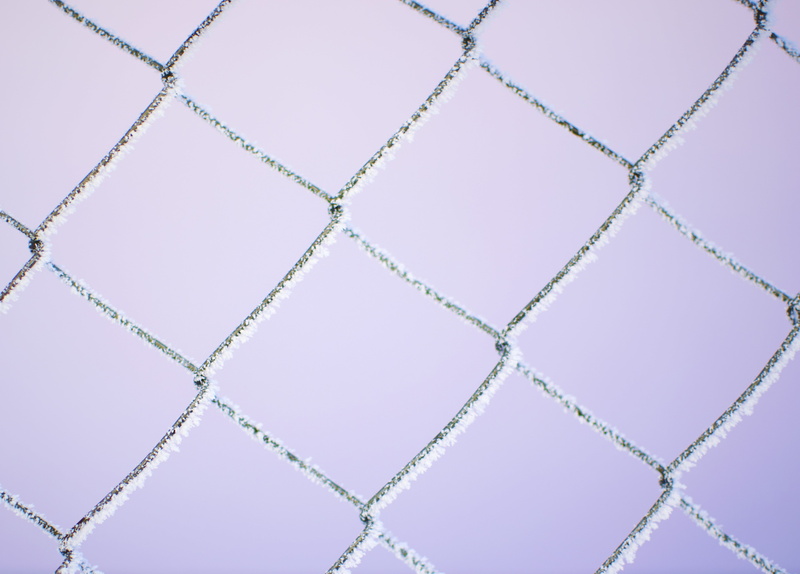 closeup, wire mesh, silver colored, day, outdoors, togetherness, no people, pattern, solid color, fence, close-up, pink color, grid, striped, snow, backgrounds
