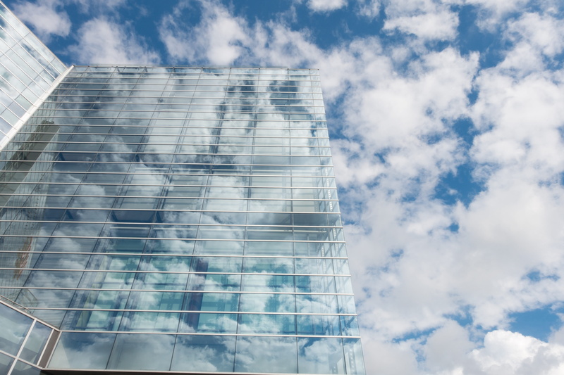built structure, low angle view, outdoors, city, steel, pattern, windows, view, tall - high, modern, 5K, cloudy, perspective, architecture, glass panels