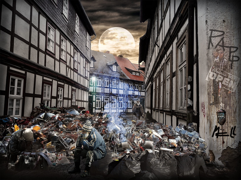 day, large group of people, poverty, sad, composing, environmental issues, built structure, 2K, male, garbage search, city, garbage, building exterior
