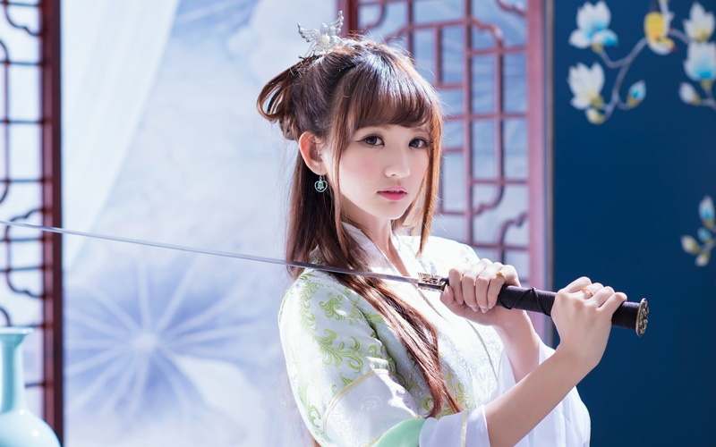 colored, katana, bangs, women, women outdoors, silver, one person, earring, hairstyle, front view, standing, young adult, waist up, wearing, long hair