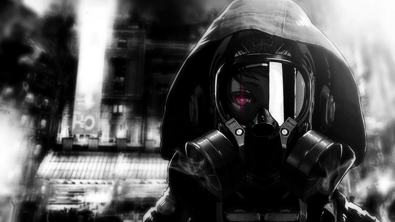 artwork, purple eyes, mask, original characters, anime, eyes, 1080P, monochrome, face mask, gas masks