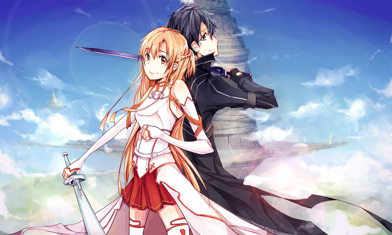 young women, three quarter length, people, male, Kirito (Sword Art Online), togetherness, illustration, 1080P, two people, men, nature, female, swords